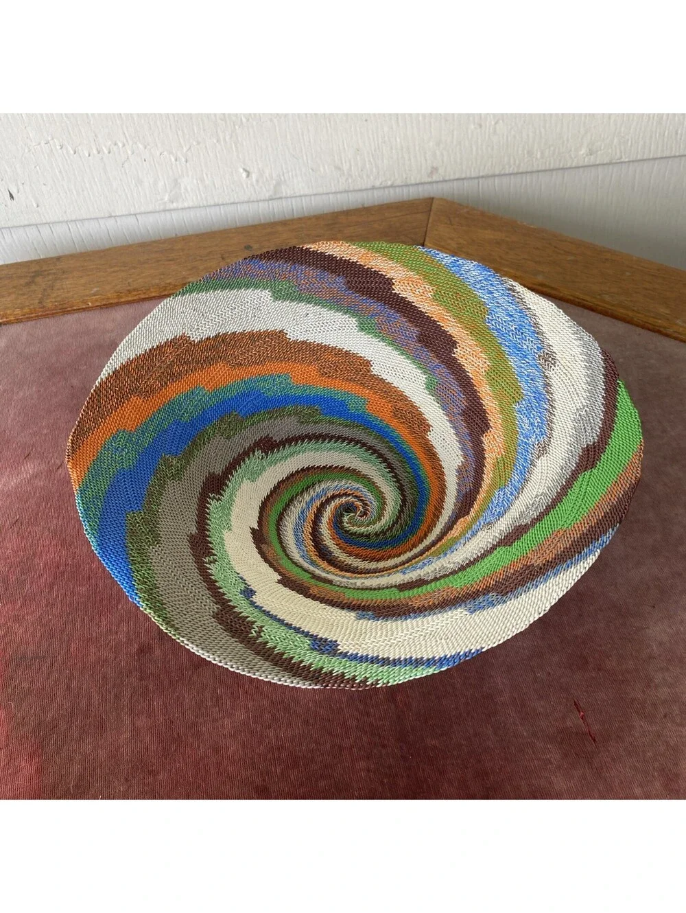 Handmade African Zulu Telephone Wire Bowl Basket 12” Green Blue Coral Blue White